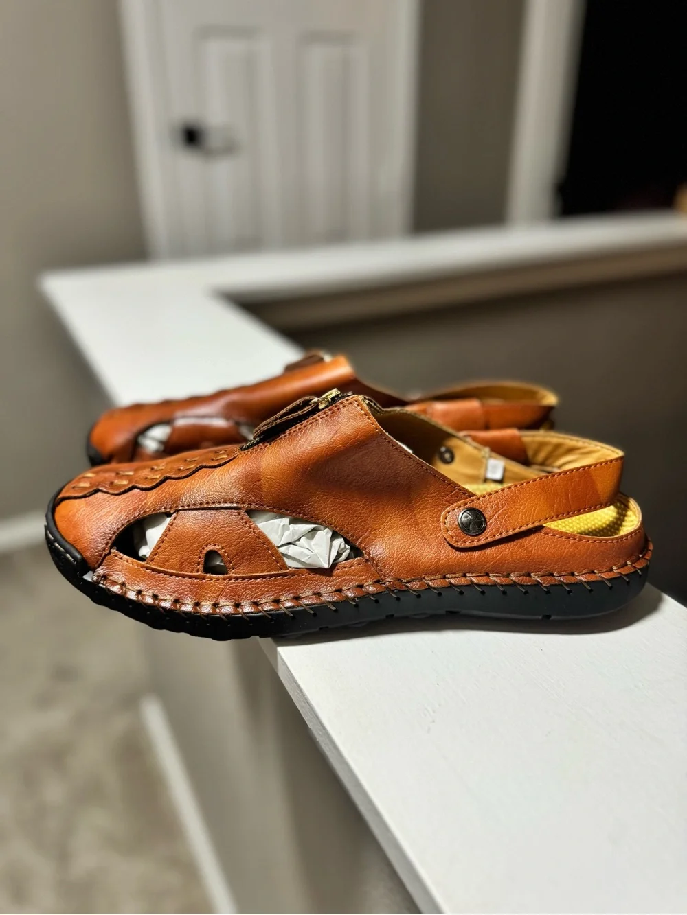Men's Tan Leather Slingback closed toe Sandals with Zipper Accent 46/12.5